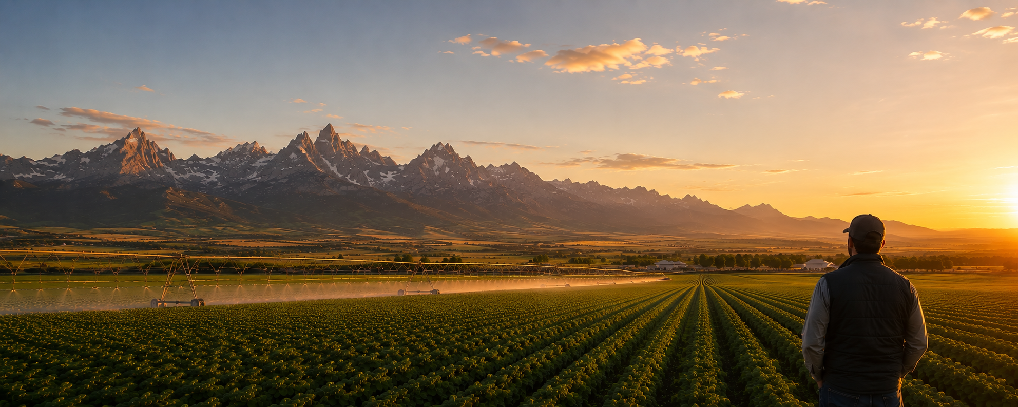 A grower standing at the edge of an irrigated field at sunset, mountains on the horizon